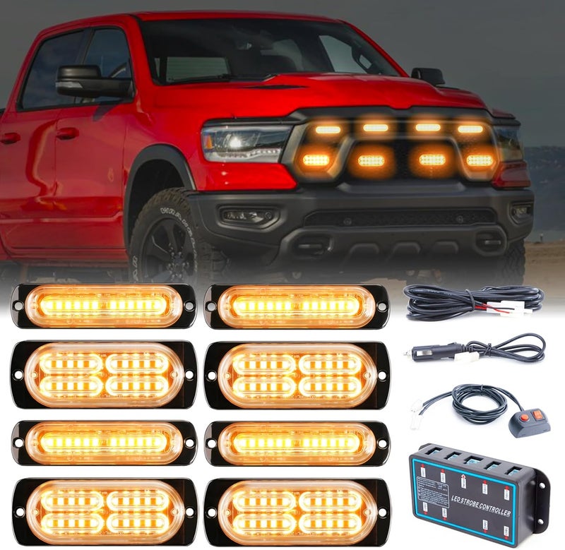 PKINGLAKE 8pcs Sync Feature Emergency Strobe Grille Lights LED Ultra Slim Surface Mount Flashing Hazard Warning Light Bar with Controller for Firefighter/Construction/Trucks/Vehicles/Car (Amber) - Image 1